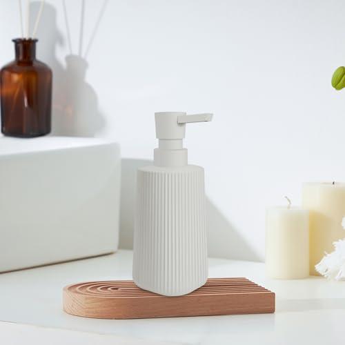 Image of 2 Pack Glass Small Soap Dispenser for Bathroom and Kitchen 250ml /8.5oz Dish Soap Dispenser Modern Farmhouse Striped Style Hand Soap Dish Soap Dispenser with Pump (Beige)