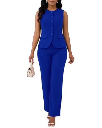 Kafiloe 2 Piece Sets Vest Pants Suits for Women Dressy Sleeveless Blazer Pantsuits Business Casual Outfits Royal Blue M