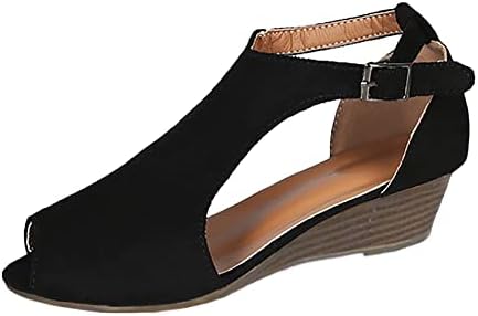 Summer Women'S Wedge Sandals Black, Dressy Open-Toe Sandals Ankle Strap Hollowed Out Casual Sandals Beach Shoes Roman Retro Sandals