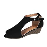 Summer Women'S Wedge Sandals Black, Dressy Open-Toe Sandals Ankle Strap Hollowed Out Casual Sandals