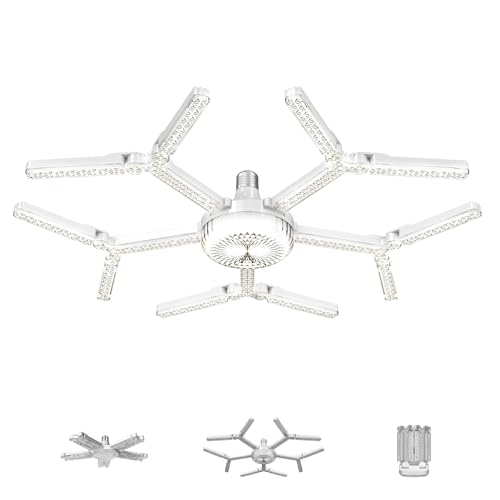 LED Garage Light Snowflake Crystal Design Folding Ceiling Light with 5+1 Adjustable Panels 100W 6500K Daylight Shop Light for Garage Basement Gym Workshop 10000 Lumens E26/E27 Screw-in 1 Pack