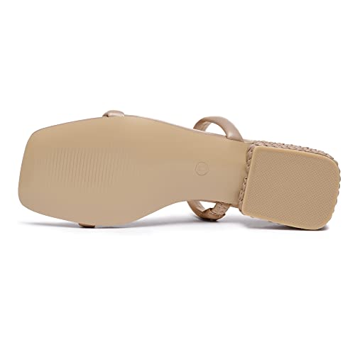 Athlefit Women's Two Strap Square Toe Sandals Summer Slip On Low Block Heel Slides Nude Size 7.5 #TOP4