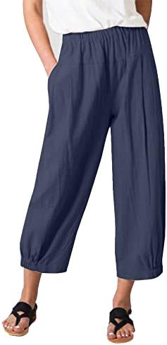 Les umes Women’s Cotton Pants Casual Capri Pants Elastic Waist Solid Trouser Loose Baggy Harem Pants with Pockets Summer