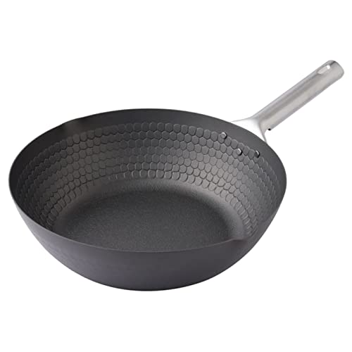Image of YAMAZEN, 11” Iron Wok Pan Flat Bottom Suitable for Flat Electric/Induction Stove | Nitriding Surface | Chinese Wok for Induction/Electric/Gas Stove/All Stoves | Made in Japan