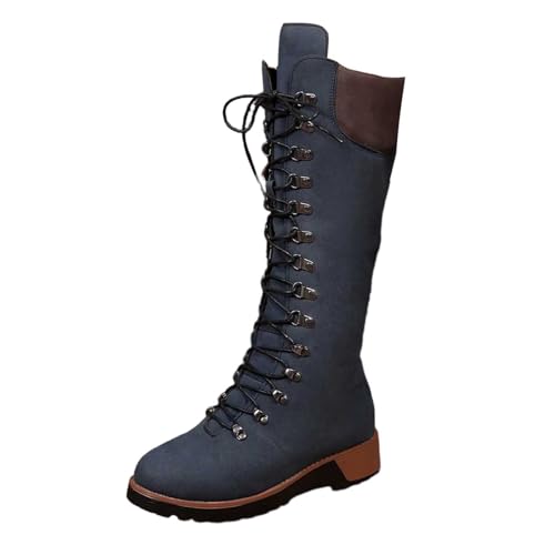 Image of Generisch Riding Boots Calf High Boots Fashion Solid Color Knee High Lace Up Boots Comfortable Warm Casual Shoes for Winter with Durable Sole, navy, 8 UK