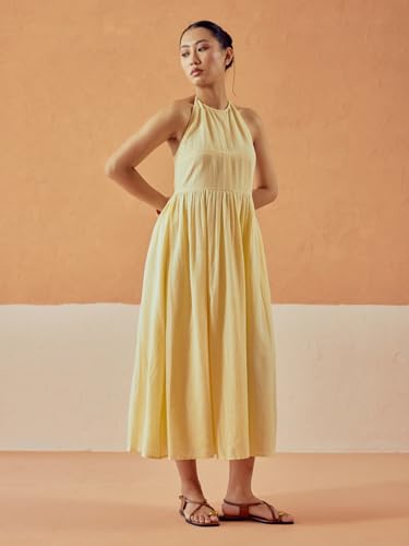 Image of FIORRA Women's Light Yellow Solid Linen Midi Dress