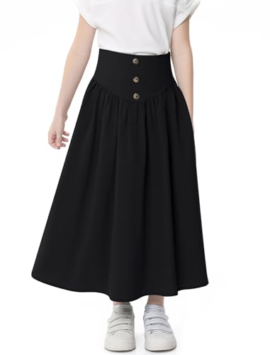 Image of Girl Maxi Skirt Elastic High Waist A-Line Long Skirt Smocked Waistband with Drawstring and Pockets 3-12 Years