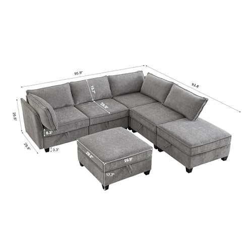 Image of ORRD Corner Modular Sectional Sofa Set, Convertible L Shaped Couch with Storage, 6 Seater Sofa Modular with Ottomans and Reversible Chaise for Living Room, Office (Grey)