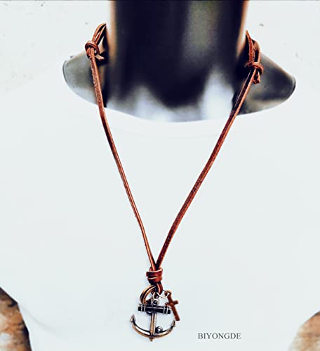 Vintage Cross Nautical Marine Anchor Pendant Necklace, Adjustable Brown Leather, Men Women, Ethnic4