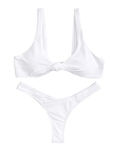 SweatyRocks Women's Sexy Bikini Swimsuit Soild Color Tie Knot Front Thong Bottom Swimwear Set White L