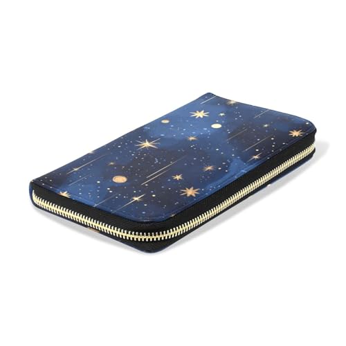 Womens Long Leather Wallet Zip Around Clutch Purse Large Capacity Card Holder Organizer Dark Blue Stars and Moons4
