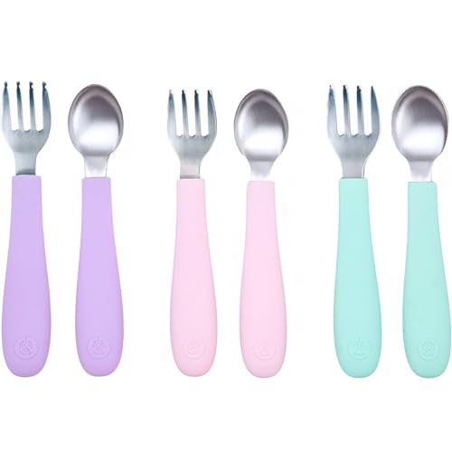Image of WeeSprout Toddler Utensils, 3 Forks & 3 Spoons, 18 /8 Stainless Steel & Food Grade Silicone, Thick Easy-Grip Handles, Perfect Length For New Self Feeders, Gentle On Gums & Teeth, Dishwasher Safe