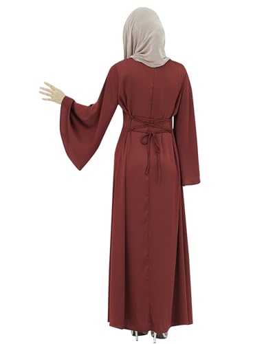Zofocy Modische Damen Abaya mit Glockenärmeln tailliertem Rücken & Uni-Farbe Elegantes muslimisches Maxikleid