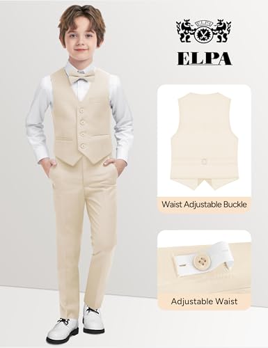 Image of Boys Suit Vest Set 4 Pieces Slim Fit Kids Beige Formal Vest and Pants Set for Wedding Ring Bearer, Easter, First Communion, Confirmation, Graduation Toddler Boys Size 3
