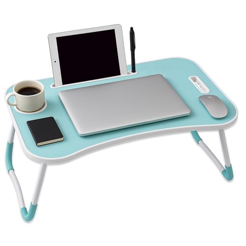 iTrend Laptop Bed Table Laptop Desk with Foldable Legs & Cup Slot Portable Tablet Notebook Stand Breakfast Bed Tray with Curved Design Charging Slot & Handle for Sofa Bed Terrace Balcony Blue