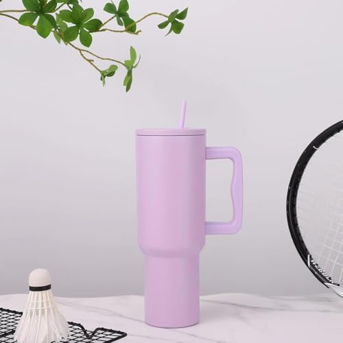 Image of 1200ml Stainless Steel Tumbler with Handle, Lid & Straw, Double Wall Insulated Travel Mug for Hot & Cold Drinks, Leakproof Large Capacity Cup for Office, Gym & Car Holder (Purple)