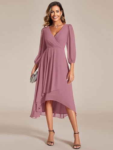 Image of Ever-Pretty Women's Chiffon V Neck Long Sleeves A-Line Midi Length Wedding Guest Dress Cocktail Party Formal Dresses 01926