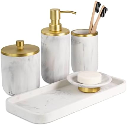 Bathroom Soap Dispenser Set - Bathroom Toothbrush Holder Set, Marble, Gold, Farmhouse Bathroom Decor, 5 Piece Bathroom Accessories Set