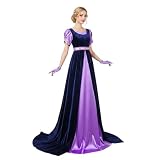 MeeroleCos Women's Regency Empire Waist Dress Floor Length Gown with Gloves Period Drama Costume for Ball Tea Party (Purple, Medium)