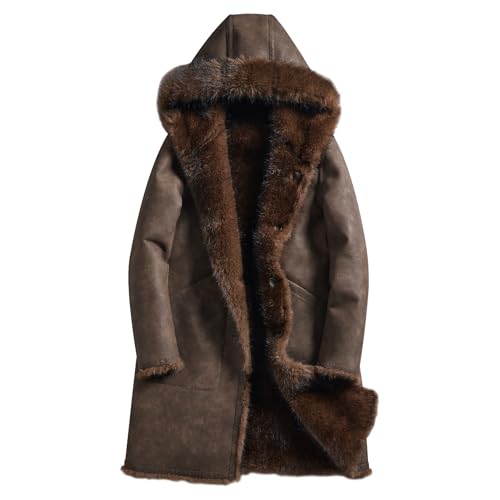 WPKDS Men's Double-Sided Faux Fur Winter Long Jacket, Retro Fashion Style, Thick Warm Coat (US, Alpha, X-Large, Regular, Regular, Brown)