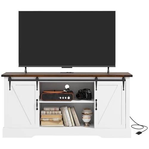 HOMCOM TV Stand Cabinet for TVs up to 65 Inch, Entertainment Center with Charging Station, 59' Farmhouse Media TV Console Table with Sliding Barn Doors, Adjustable Shelves, White
