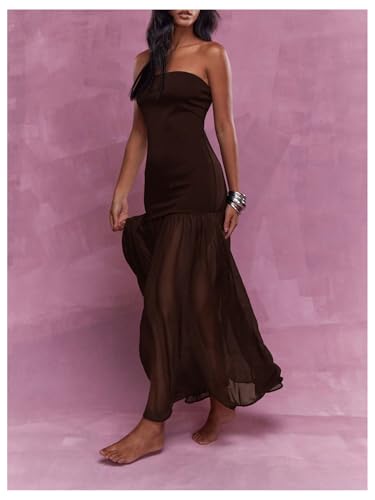 GORGLITTER Women's Strapless Mesh Maxi Dress Sexy Backless Bodycon Party Cocktail Tube Top Dresses3