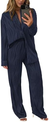 PRETTYGARDEN Women's 2 Piece Sets 2026 Fall Casual Textured Button Down Shirt Wide Leg Pants Outfits Loungewear Tracksuit (Dark Blue,Medium)