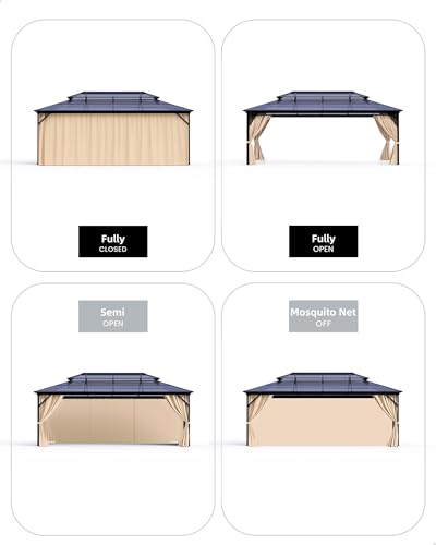 Hardtop Gazebo 12'x16' for All Weather, Double Polycarbonate Sheets Roof, Aluminum Alloy Frame, Net, and Curtain, Permanent Building for Patio, Deck, Backyard, Lawn, and Garden, Khaki