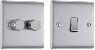BG Electrical Double Dimmer Intelligent Light Switch, Brushed Steel, 2-Way