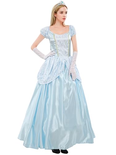 YOSICIL Déguisement Cendrillon Femme Adulte Robe longue de Princesse Sissi avec Jupon Sous Robe Cosplay Conte de Fée Halloween Anniversaire Animateur, S