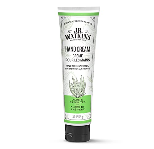 J.R. Watkins Natural Moisturizing Hand Cream, Hydrating Hand Moisturizer with Shea Butter, Cocoa Butter, and Avocado Oil, USA Made and Cruelty Free, 3.3oz, Aloe & Green Tea, Single