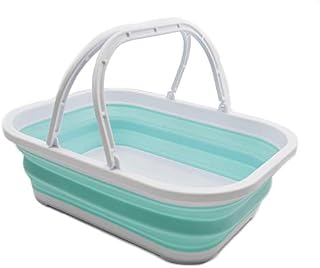 SAMMART 12L Collapsible Tub with Handle - Portable Outdoor Picnic Basket/Crater - Foldable Shopping Bag - Space Saving Storage Container (White/Lake Green)