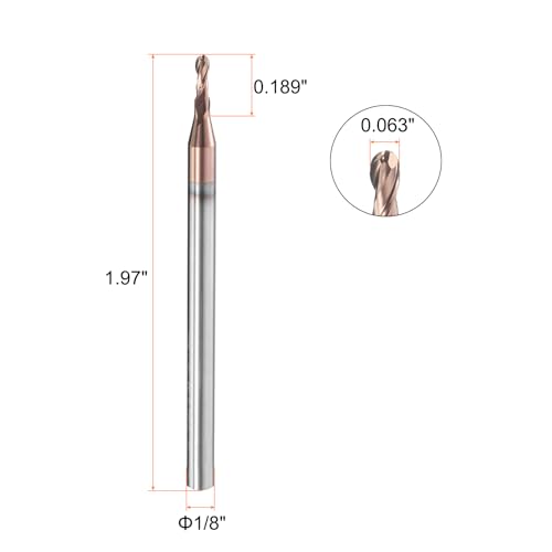 Image of HARFINGTON Ball Nose End Mill 2 Flute 0.063 inch Diameter 1 /8 inch Shank Tungsten Carbide Uncoated Spiral CNC Router Bits 0.189 inch Cutting Length Single End Ball for Carving Engraving Grinding