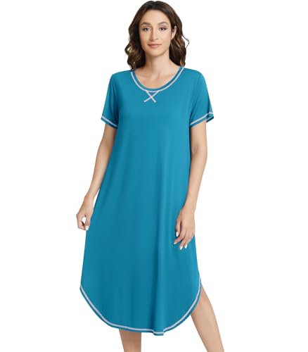 Image of NACHILA Women's Nightgowns-Viscose Made from Bamboo,Short Sleeve Sleepshirts Crew Neck Nightshirt Soft Sleep Dress