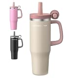 Taza Térmica 1200ml – Vaso Aislante con Pajita y Asa – Termo para Café Sin BPA 1.2L – Recipiente para Bebidas Frías y Calientes, Beige