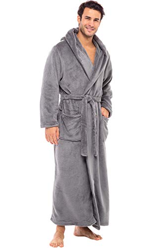 Alexander Del Rossa Men’s Robe, Plush Fleece Hooded Bathrobe With Two Large Front Pockets And Tie Closure, Steel Gray, Large-X-Large #TOP2