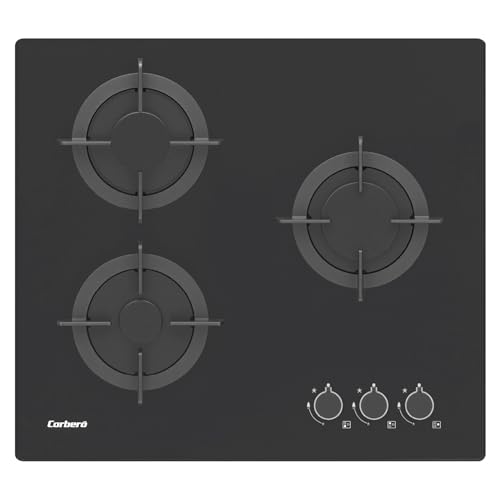 Corberó - Placa Gas Cristal 60cm | CPG306N | 5,45kw |3 Zonas | Mandos Laterales | Parrilla Hierro Fundido | Sin Marco | Kit conversión| Válvula seguridad y Desconexión automática | Negro