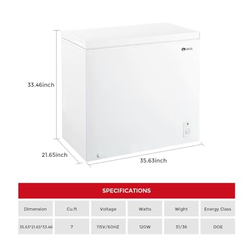 KEG 7.0 cu ft Top Chest Freezer with Adjustable Thermostat and Removable Storage Basket, Freezing Machine for Home and Kitchen