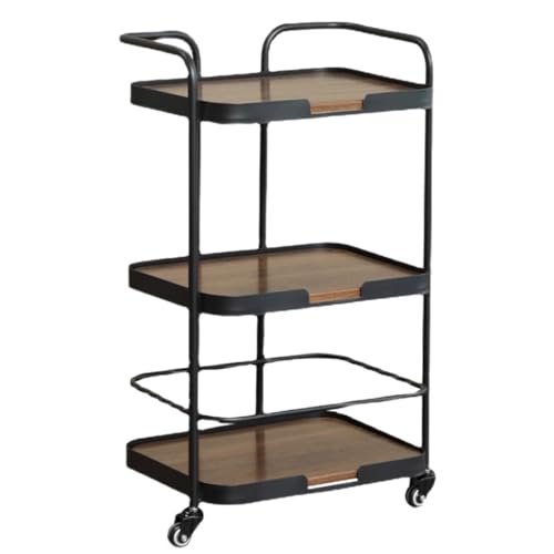 LAJUU Estantes De Almacenamiento De Hierro De 3 Niveles Carro De Servicio con Ruedas De Metal con Asa Y Ruedas, Estante For Carro Utilitario Móvil De Estilo Industrial Color Negro Y Nogal