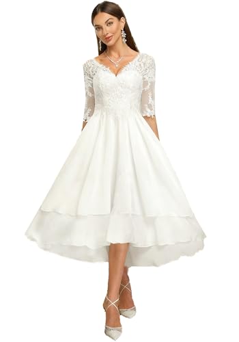 Beyonddress Robe de mariée midi en tulle pour mariée - Longueur du thé - Style bohème - Dentelle - Avec manches - Pour femme, A-ivoire, 40