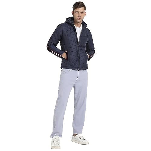Image of Campus Sutra Men's Dark Blue Quilted Puffer Jacket With Contrast Striped Sleeve For Casual Wear | Hood Neck | Long Sleeve | Zip Closure | Polyester Jacket Crafted With Comfort Fit For Regular Wear