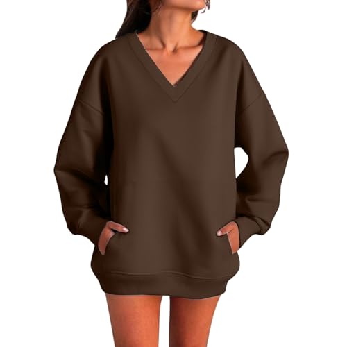 Cocila Sweatshirts for Women Uk Long Sleeve Tops V Neck Pullover with Pockets Autumn Winter Windproof Warm Solid Color Soft Comfy Sportwear Jumpers Coffee 3XL