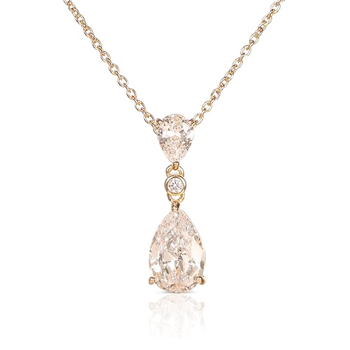 Diamond Treats Pear Shaped Gold Pendant Necklace, Elegant Bridal Style in 925 Silver, Teardrop Cubic Zirconia Pendant for Women