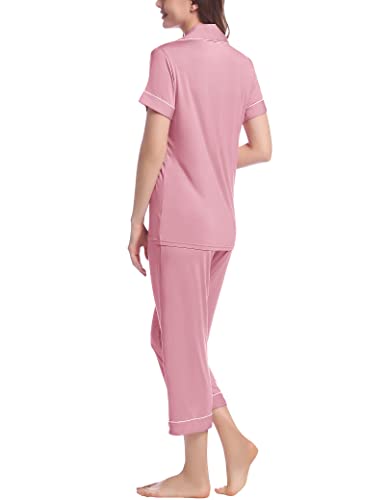Joyaria Womens Jersey Knit Pajama Capri Long Pants/Bottoms Soft Bamboo Sleepwear Set Cooling Comfy Pj Set(Dusty Pink, Large) #TOP6