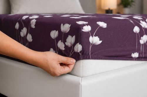Image of Elastic Fitted King Size Bedsheet Cotton for Double Bed | 72 inchx78 inch +10 Inch, Floral, Soft & Breathable, Fade & Shrink Resistant, 2 Pillow Covers (Deep Plum)