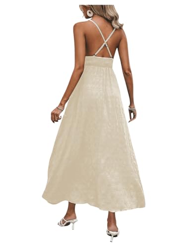 Image of Milumia Women's Summer V Neck Backless Maxi Dress Boho Spaghetti Strap A Line Flowy Beach Long Sundress