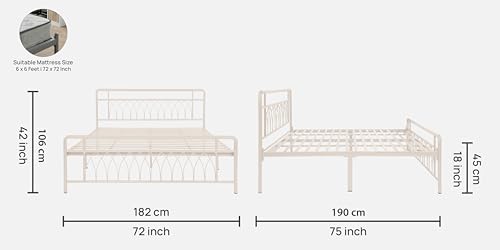 Image of Jexx Metal King Size Bed Without Storage | Wrought Iron Double Bed with Headboard & Footboard | Sturdy Powder Coated Platform Bed King Size Cot for BedroomLivingRoom Ivory (75x72)