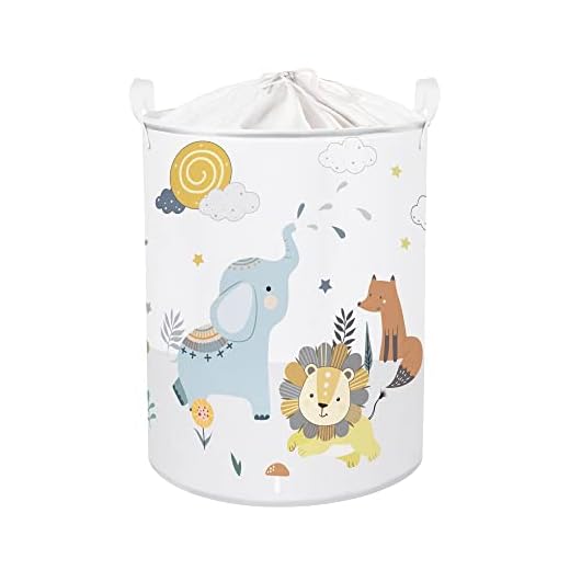 Clastyle 45L Cesta Ropa Sucia Animales Dibujos Elefante Zorro León Nubes Cestos Almacenaje Juguetes Blanco Plegable Redonda para Habitación Infantil, 36x45 cm