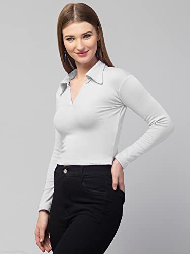 Image of Ribbed Polo Collar Full Sleeves Tops for Women