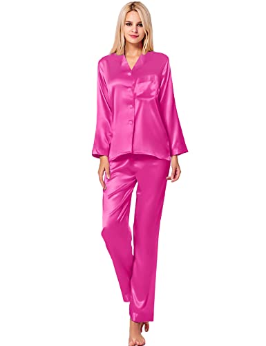 Image of SWOMOG Long Sleeve Pajamas Set Silk Satin Sleepwear Button Down Pjs Loungewear with Pocket